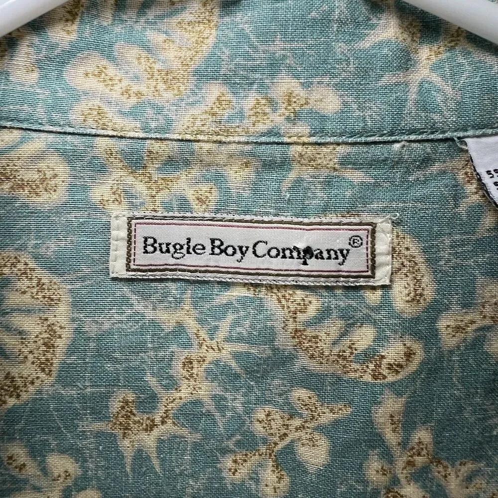 Vintage Bugle Boy Short Sleeve Button Down Shirt Mens XL Blue Beige Floral Ramie